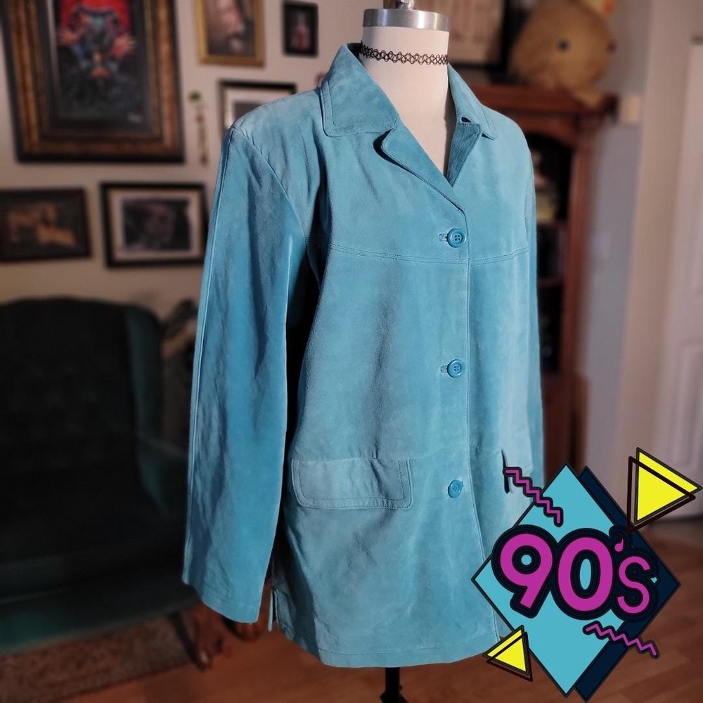 Jessica Holbrook Leather Jacket Vintage‎ 90s Blue Turquoise Blazer Women's L